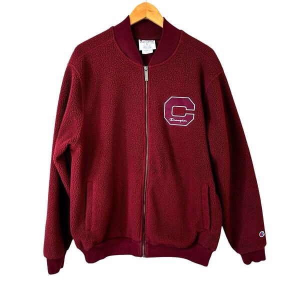 CHAMPION Men Full Zip Letterman Varsity Sherpa Bomber Jacket Burgundy Streetwear - Picture 2 of 13